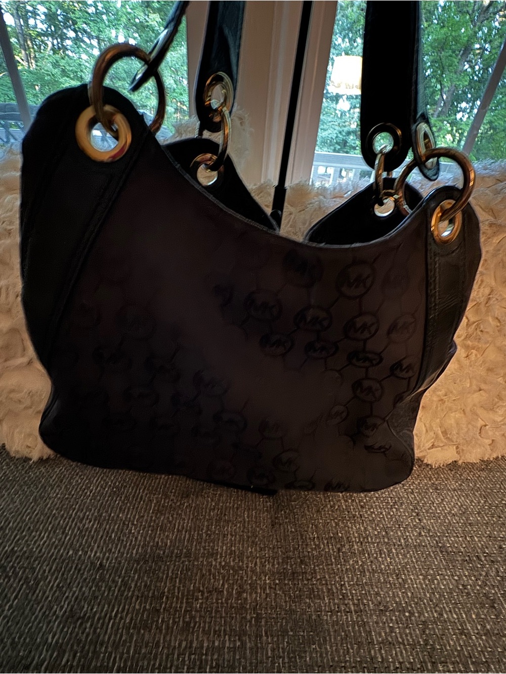 Michael Kors Black Signature Jacquard Drawstring Shoulder Bag Gold Hardware - Picture 7 of 10